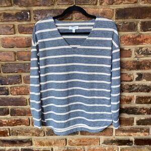 Haven Blue Cream Striped Soft Knit V-Neck Pullover Sweater Women's Size XS
